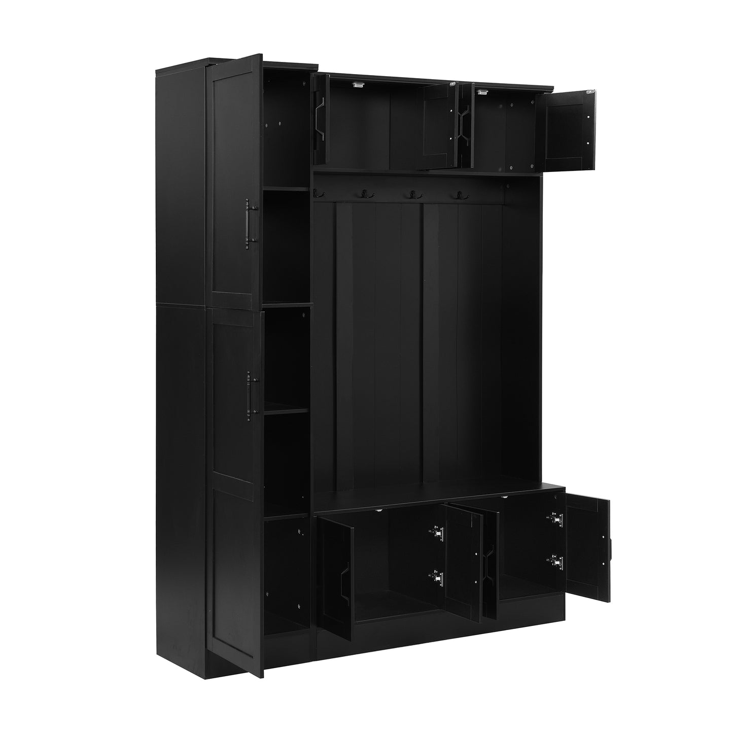 U-Can 79'' Tall Modern Hall Tree with Shoe Storage, 4-in-1 Entryway Bench with 6 Cabinets, 4 Coat Hooks & Adjustable Shelf for Hallway, living room, Black