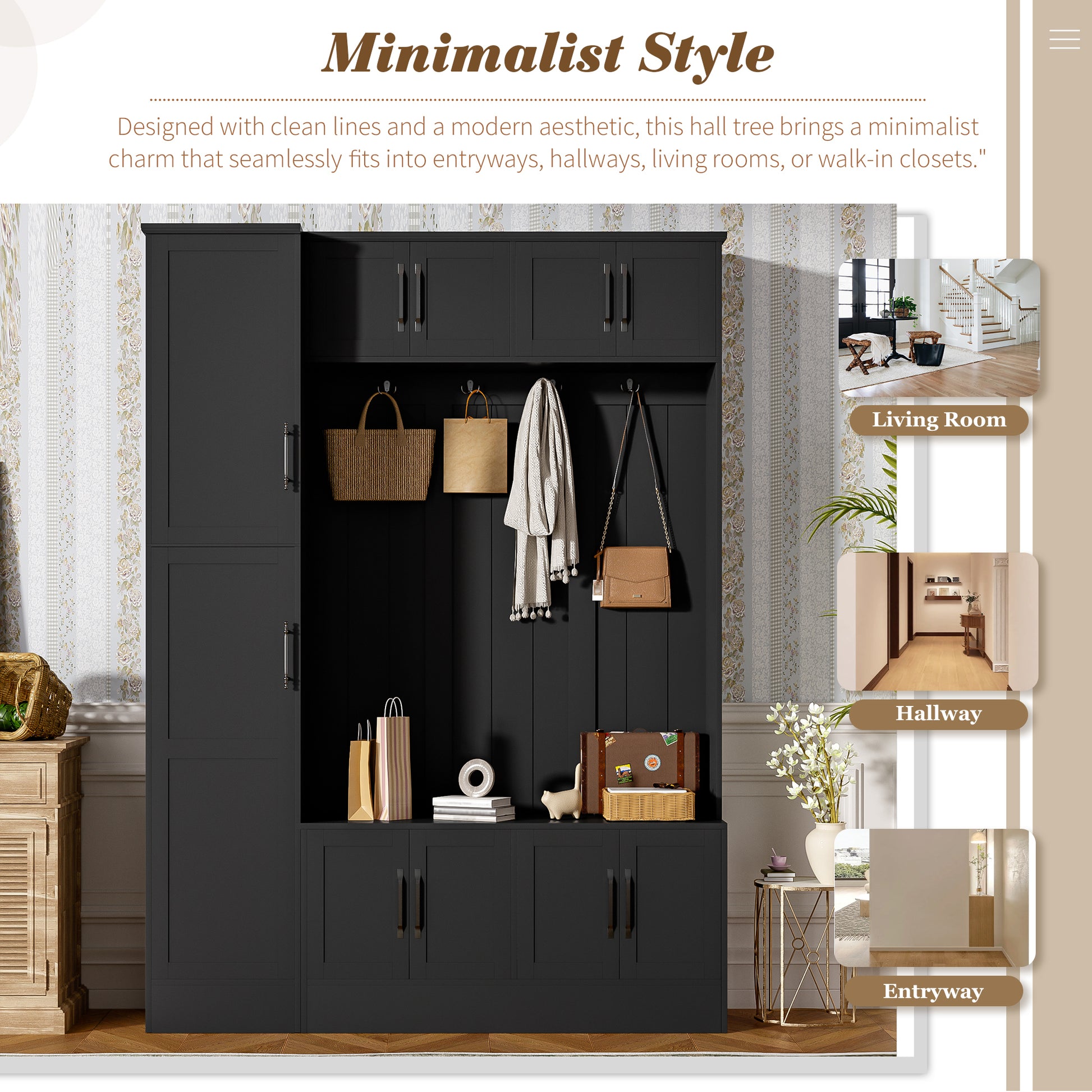 U-Can 79'' Tall Modern Hall Tree with Shoe Storage, 4-in-1 Entryway Bench with 6 Cabinets, 4 Coat Hooks & Adjustable Shelf for Hallway, living room, Black