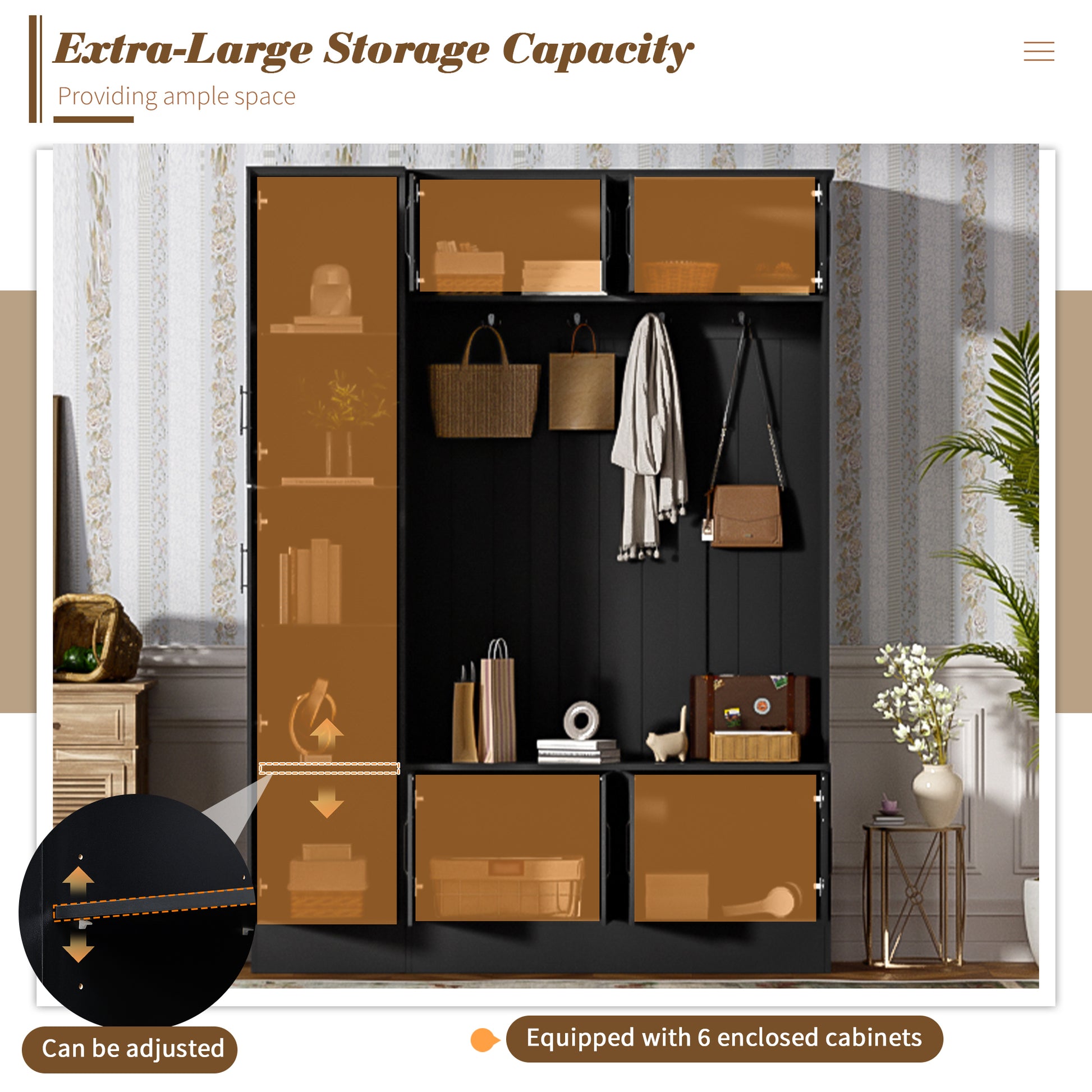 U-Can 79'' Tall Modern Hall Tree with Shoe Storage, 4-in-1 Entryway Bench with 6 Cabinets, 4 Coat Hooks & Adjustable Shelf for Hallway, living room, Black