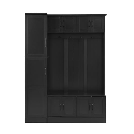 U-Can 79'' Tall Modern Hall Tree with Shoe Storage, 4-in-1 Entryway Bench with 6 Cabinets, 4 Coat Hooks & Adjustable Shelf for Hallway, living room, Black