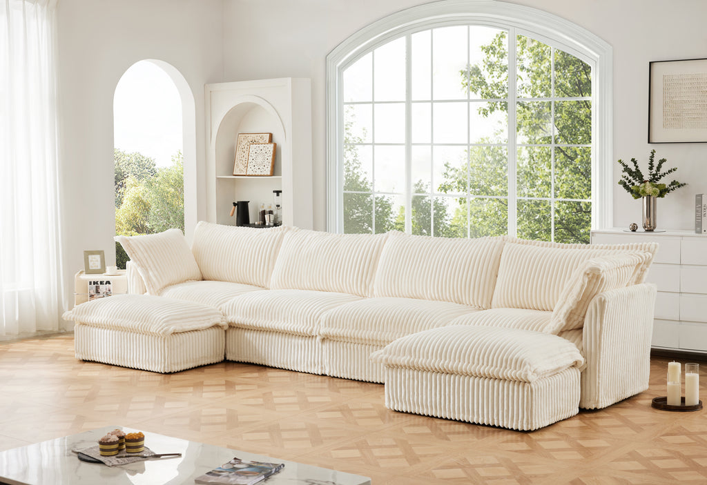 Slipcovered U Shape Sectional Deep Seat Sofa Couch, 4 Seater Sofa with French Edges Design, Cream Corduroy