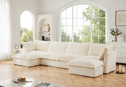 Slipcovered U Shape Sectional Deep Seat Sofa Couch, 4 Seater Sofa with French Edges Design, Cream Corduroy