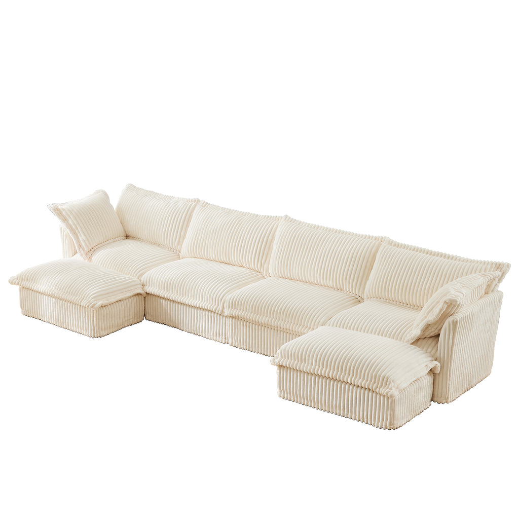 Slipcovered U Shape Sectional Deep Seat Sofa Couch, 4 Seater Sofa with French Edges Design, Cream Corduroy