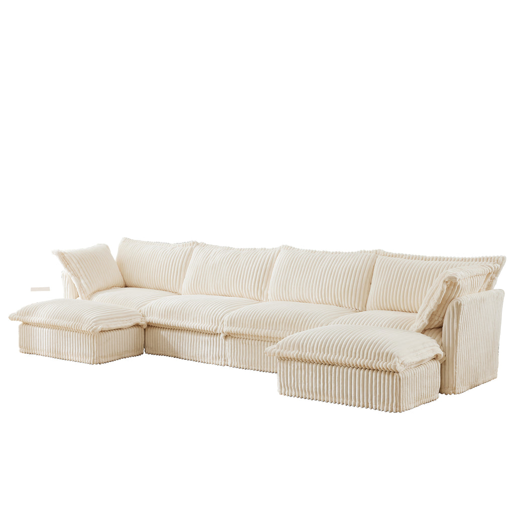 Slipcovered U Shape Sectional Deep Seat Sofa Couch, 4 Seater Sofa with French Edges Design, Cream Corduroy