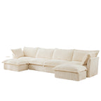 Slipcovered U Shape Sectional Deep Seat Sofa Couch, 4 Seater Sofa with French Edges Design, Cream Corduroy
