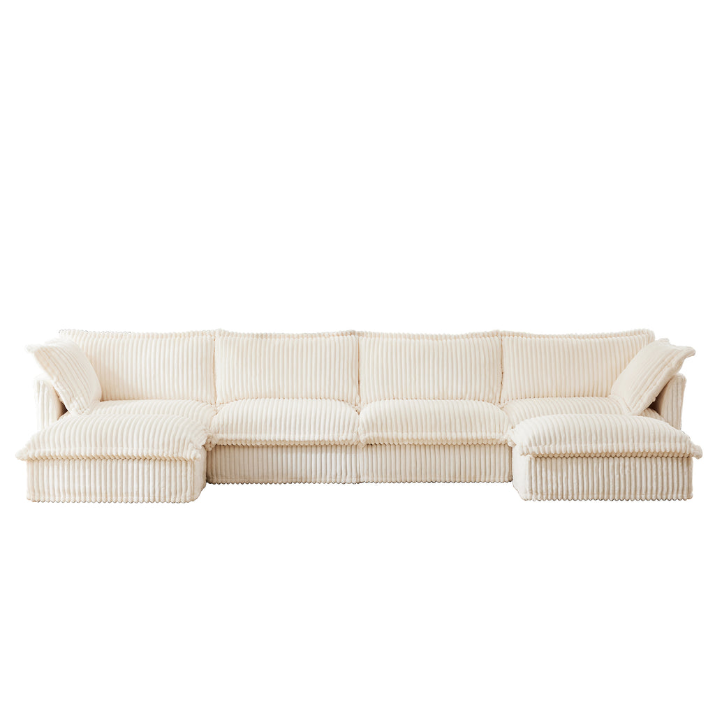 Slipcovered U Shape Sectional Deep Seat Sofa Couch, 4 Seater Sofa with French Edges Design, Cream Corduroy