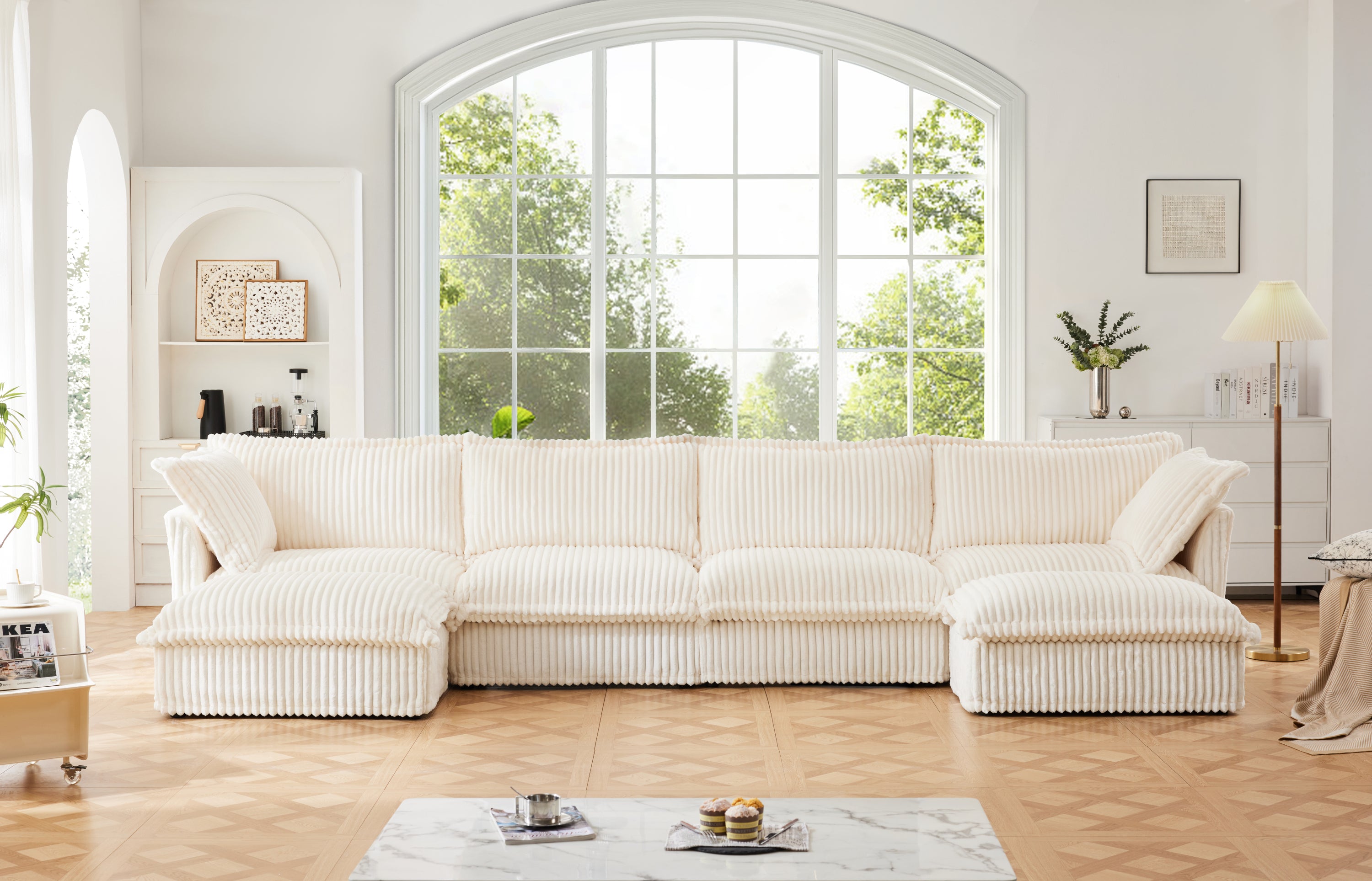 Slipcovered U Shape Sectional Deep Seat Sofa Couch, 4 Seater Sofa with French Edges Design, Cream Corduroy