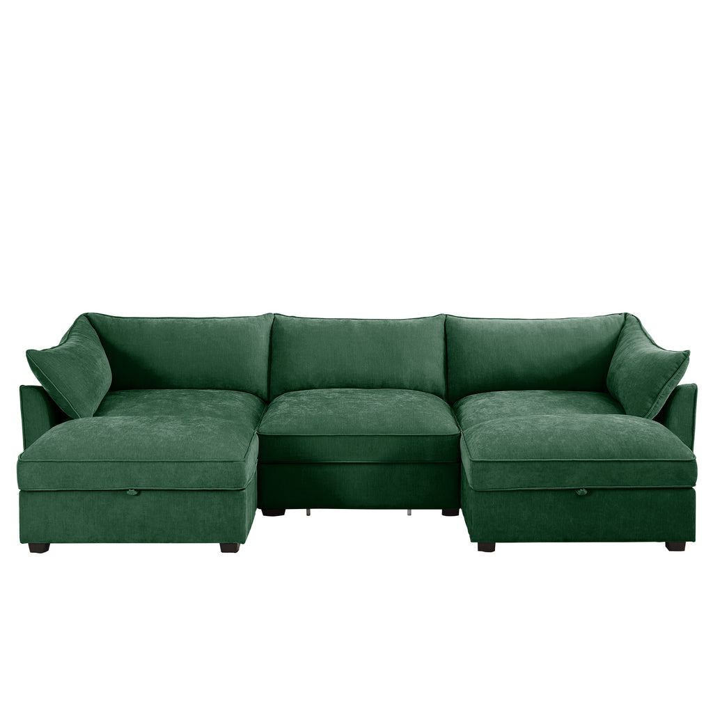 U Shape 3 Seater Deep Seat Sofa Couch with Ottomans,3-Seat Sofa with with 2 Movable Ottomans, Oversized Modular Sectional Sofa with Storage Pull out Drawer Under Each Seat,Chenille Green