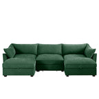 U Shape 3 Seater Deep Seat Sofa Couch with Ottomans,3-Seat Sofa with with 2 Movable Ottomans, Oversized Modular Sectional Sofa with Storage Pull out Drawer Under Each Seat,Chenille Green