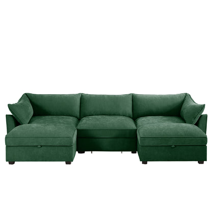 U Shape 3 Seater Deep Seat Sofa Couch with Ottomans,3-Seat Sofa with with 2 Movable Ottomans, Oversized Modular Sectional Sofa with Storage Pull out Drawer Under Each Seat,Chenille Green