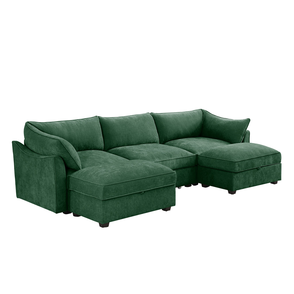 U Shape 3 Seater Deep Seat Sofa Couch with Ottomans,3-Seat Sofa with with 2 Movable Ottomans, Oversized Modular Sectional Sofa with Storage Pull out Drawer Under Each Seat,Chenille Green
