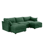 U Shape 3 Seater Deep Seat Sofa Couch with Ottomans,3-Seat Sofa with with 2 Movable Ottomans, Oversized Modular Sectional Sofa with Storage Pull out Drawer Under Each Seat,Chenille Green