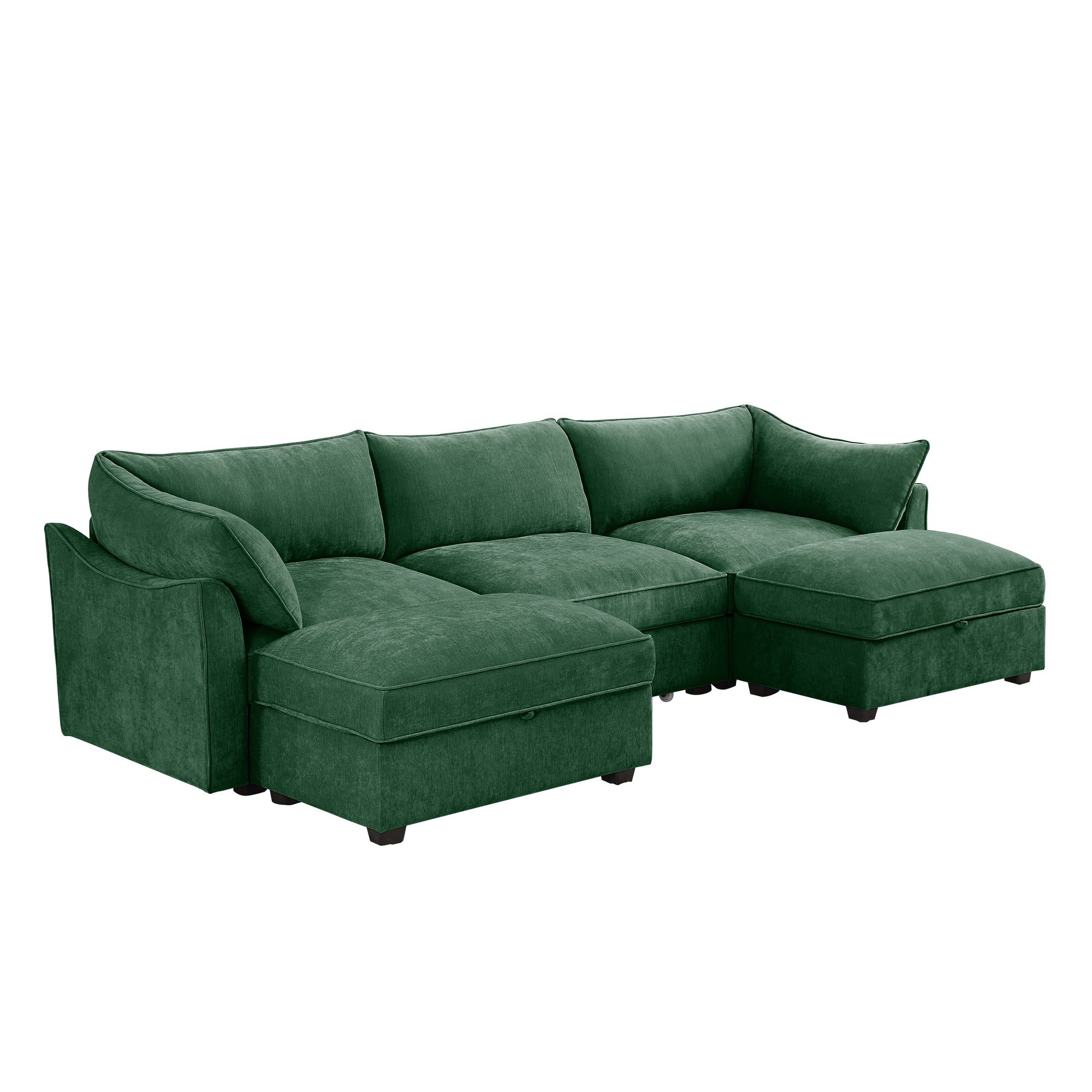 U Shape 3 Seater Deep Seat Sofa Couch with Ottomans,3-Seat Sofa with with 2 Movable Ottomans, Oversized Modular Sectional Sofa with Storage Pull out Drawer Under Each Seat,Chenille Green