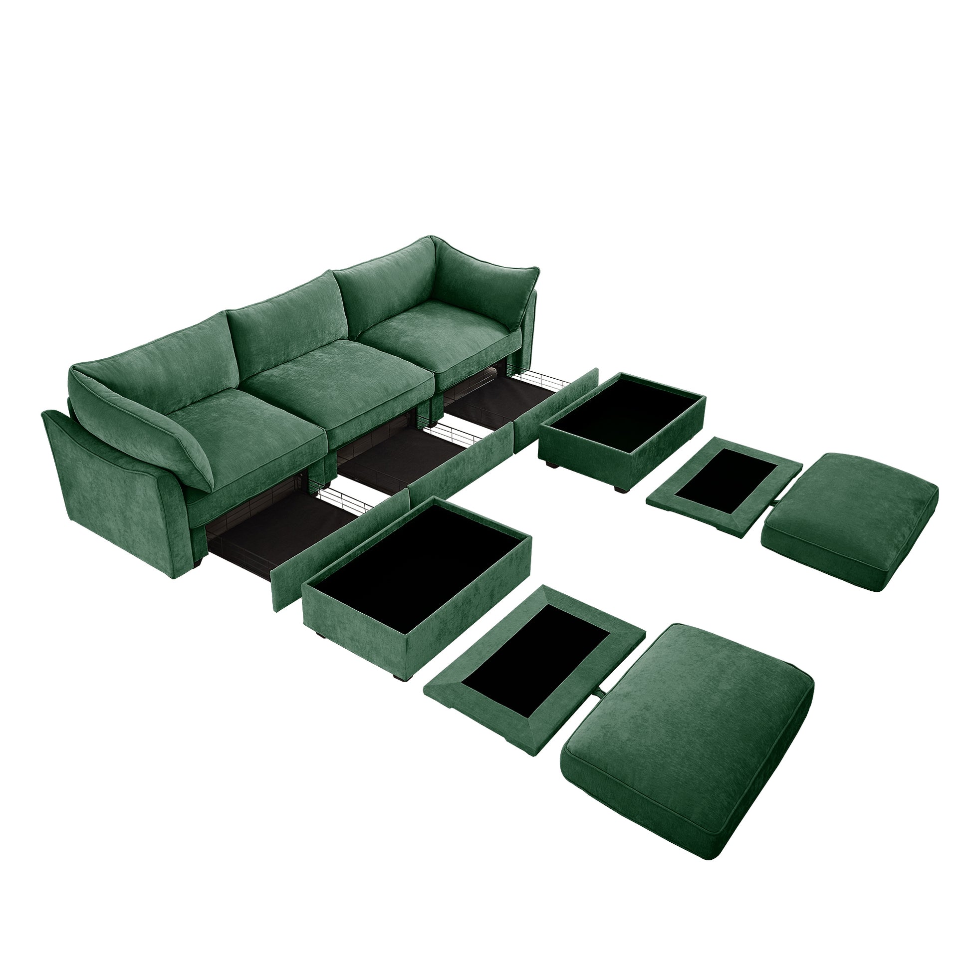 U Shape 3 Seater Deep Seat Sofa Couch with Ottomans,3-Seat Sofa with with 2 Movable Ottomans, Oversized Modular Sectional Sofa with Storage Pull out Drawer Under Each Seat,Chenille Green