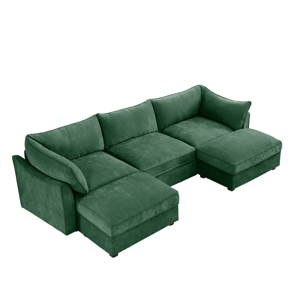 U Shape 3 Seater Deep Seat Sofa Couch with Ottomans,3-Seat Sofa with with 2 Movable Ottomans, Oversized Modular Sectional Sofa with Storage Pull out Drawer Under Each Seat,Chenille Green