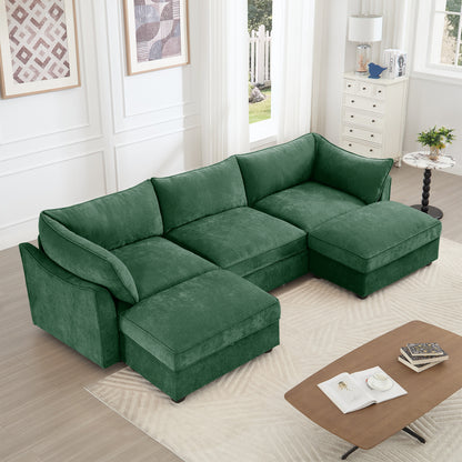 U Shape 3 Seater Deep Seat Sofa Couch with Ottomans,3-Seat Sofa with with 2 Movable Ottomans, Oversized Modular Sectional Sofa with Storage Pull out Drawer Under Each Seat,Chenille Green
