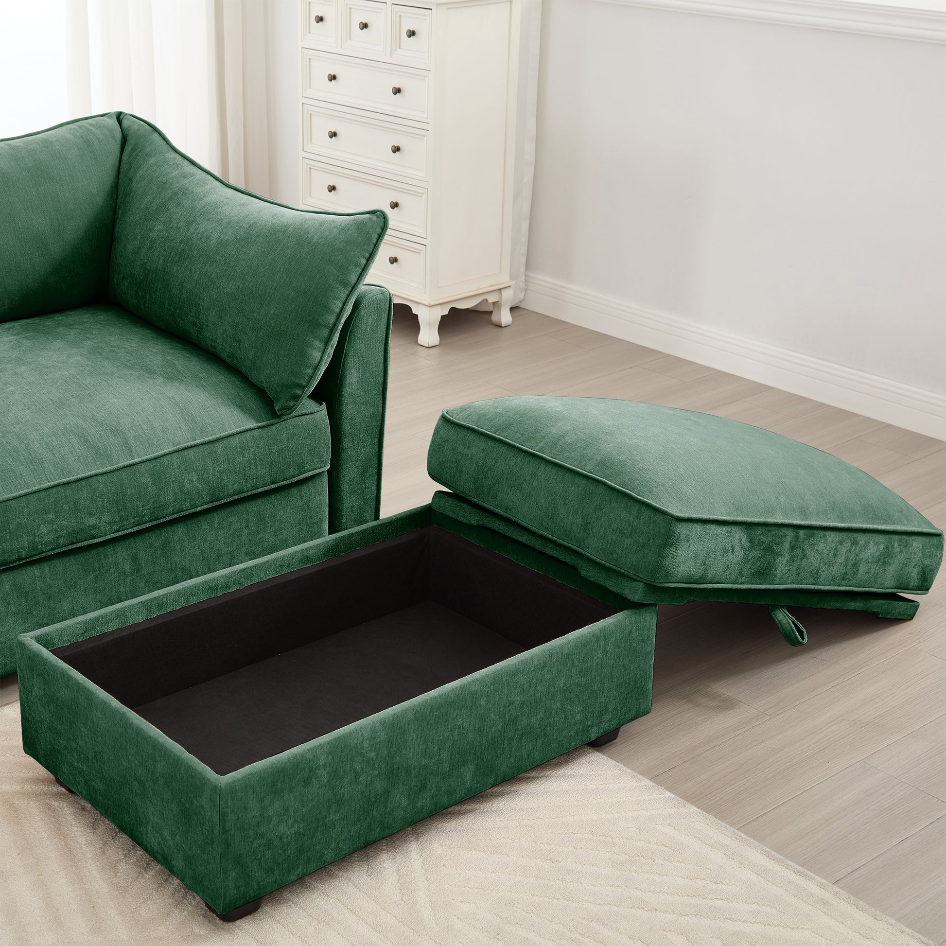 U Shape 3 Seater Deep Seat Sofa Couch with Ottomans,3-Seat Sofa with with 2 Movable Ottomans, Oversized Modular Sectional Sofa with Storage Pull out Drawer Under Each Seat,Chenille Green