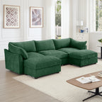 U Shape 3 Seater Deep Seat Sofa Couch with Ottomans,3-Seat Sofa with with 2 Movable Ottomans, Oversized Modular Sectional Sofa with Storage Pull out Drawer Under Each Seat,Chenille Green