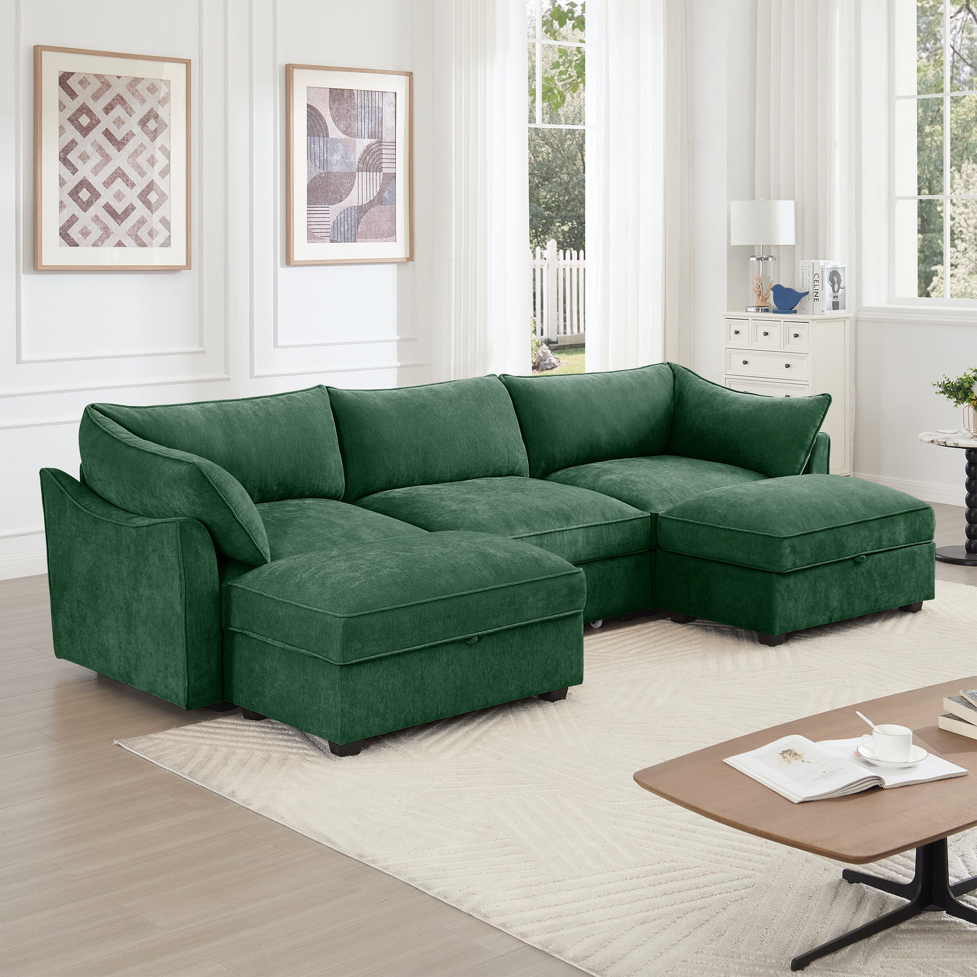 U Shape 3 Seater Deep Seat Sofa Couch with Ottomans,3-Seat Sofa with with 2 Movable Ottomans, Oversized Modular Sectional Sofa with Storage Pull out Drawer Under Each Seat,Chenille Green