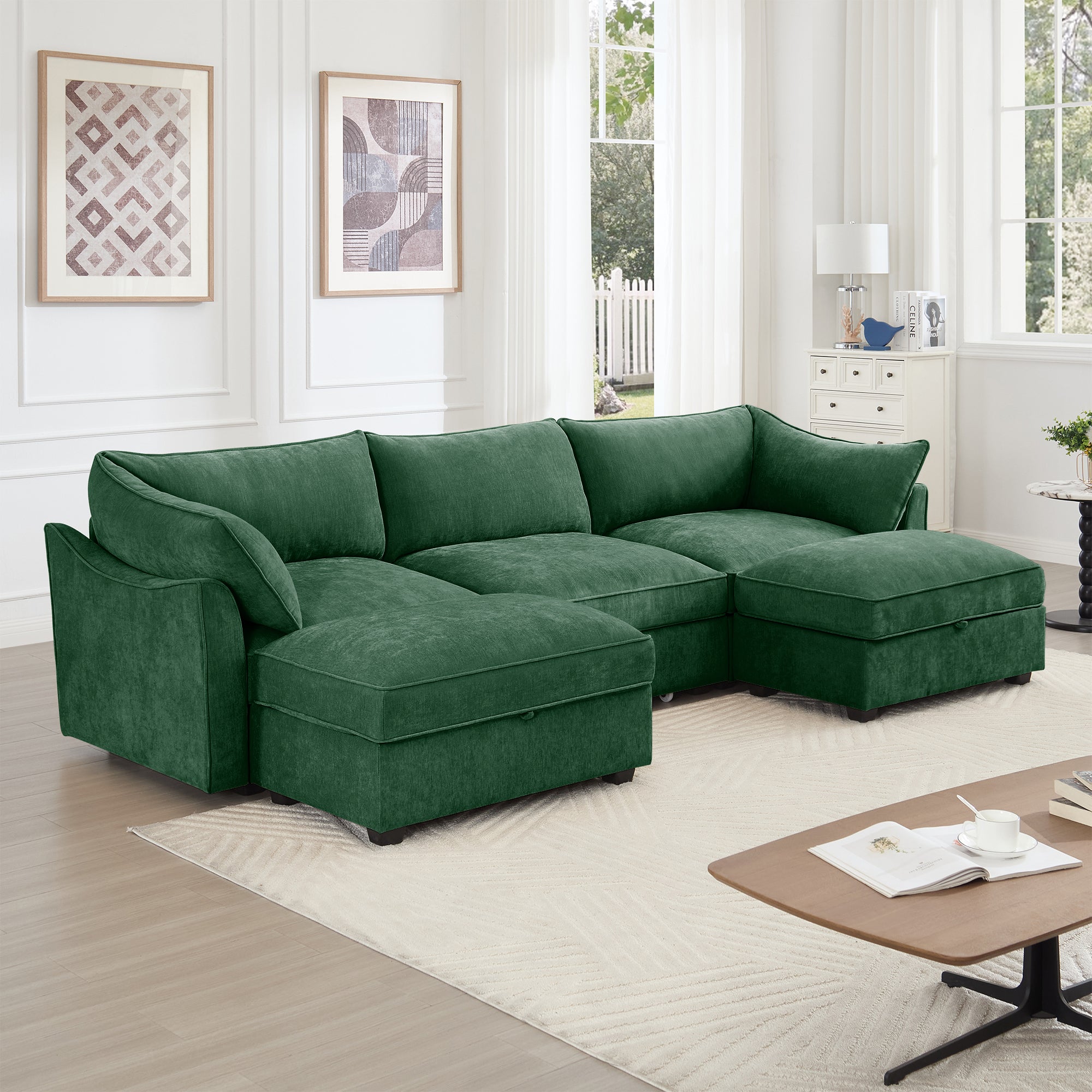 U Shape 3 Seater Deep Seat Sofa Couch with Ottomans,3-Seat Sofa with with 2 Movable Ottomans, Oversized Modular Sectional Sofa with Storage Pull out Drawer Under Each Seat,Chenille Green