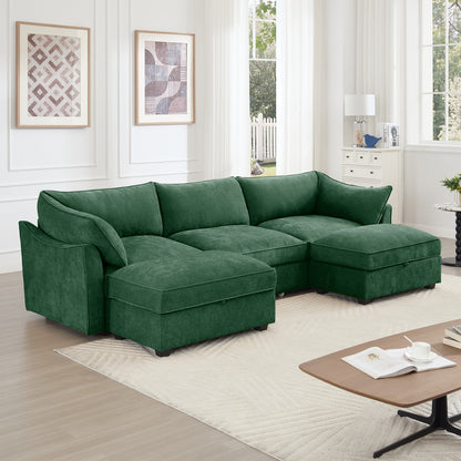 U Shape 3 Seater Deep Seat Sofa Couch with Ottomans,3-Seat Sofa with with 2 Movable Ottomans, Oversized Modular Sectional Sofa with Storage Pull out Drawer Under Each Seat,Chenille Green