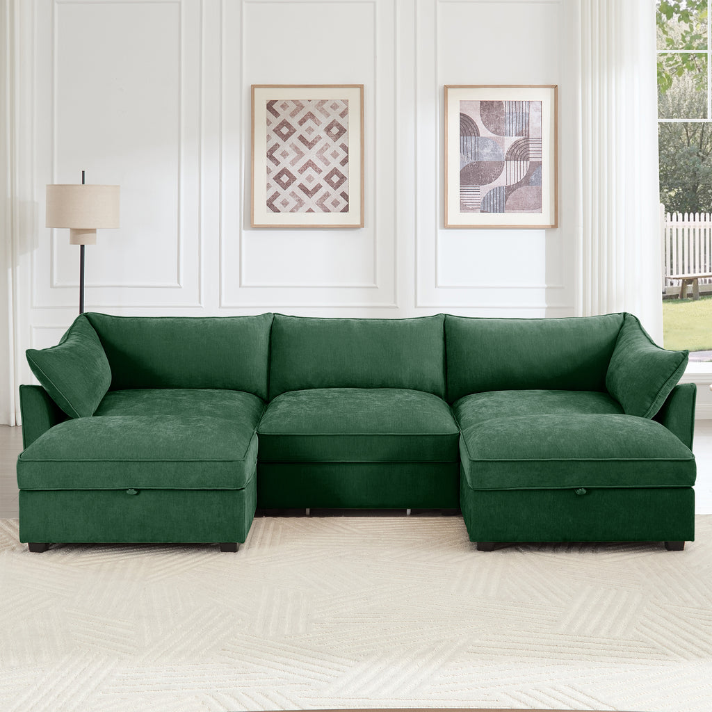 U Shape 3 Seater Deep Seat Sofa Couch with Ottomans,3-Seat Sofa with with 2 Movable Ottomans, Oversized Modular Sectional Sofa with Storage Pull out Drawer Under Each Seat,Chenille Green