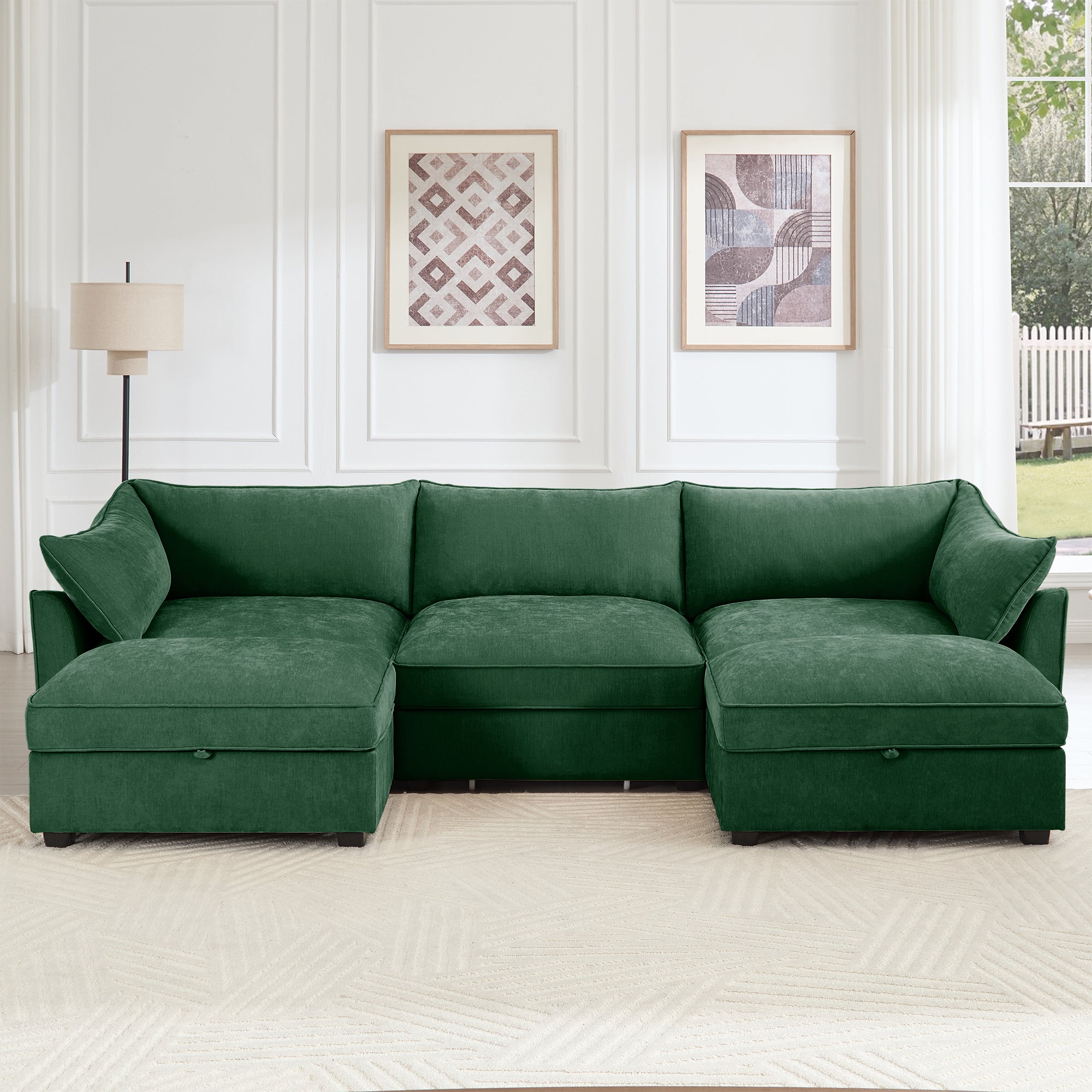 U Shape 3 Seater Deep Seat Sofa Couch with Ottomans,3-Seat Sofa with with 2 Movable Ottomans, Oversized Modular Sectional Sofa with Storage Pull out Drawer Under Each Seat,Chenille Green
