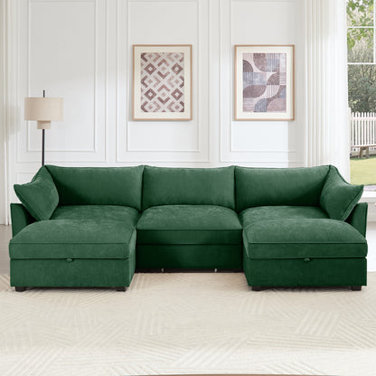 U Shape 3 Seater Deep Seat Sofa Couch with Ottomans,3-Seat Sofa with with 2 Movable Ottomans, Oversized Modular Sectional Sofa with Storage Pull out Drawer Under Each Seat,Chenille Green