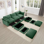 U Shape 3 Seater Deep Seat Sofa Couch with Ottomans,3-Seat Sofa with with 2 Movable Ottomans, Oversized Modular Sectional Sofa with Storage Pull out Drawer Under Each Seat,Chenille Green