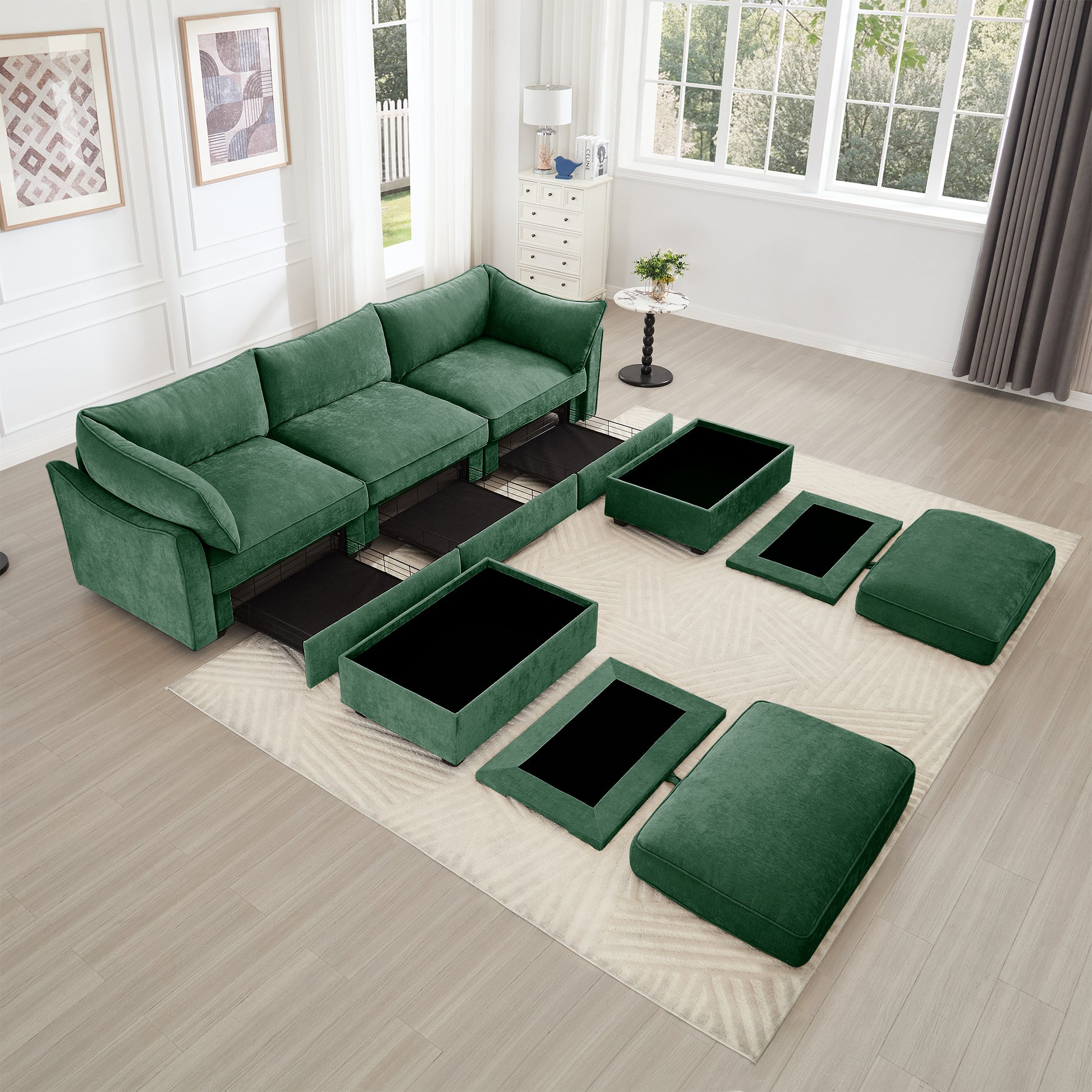 U Shape 3 Seater Deep Seat Sofa Couch with Ottomans,3-Seat Sofa with with 2 Movable Ottomans, Oversized Modular Sectional Sofa with Storage Pull out Drawer Under Each Seat,Chenille Green