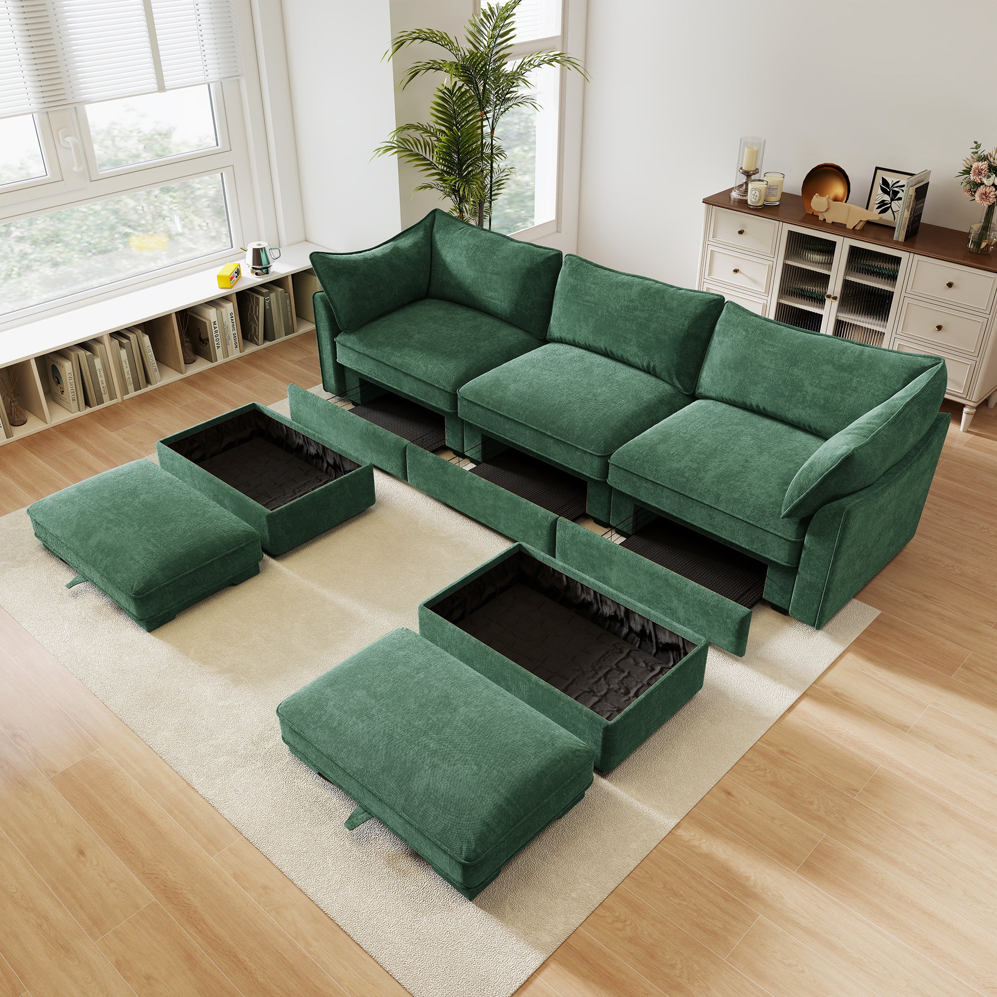U Shape 3 Seater Deep Seat Sofa Couch with Ottomans,3-Seat Sofa with with 2 Movable Ottomans, Oversized Modular Sectional Sofa with Storage Pull out Drawer Under Each Seat,Chenille Green