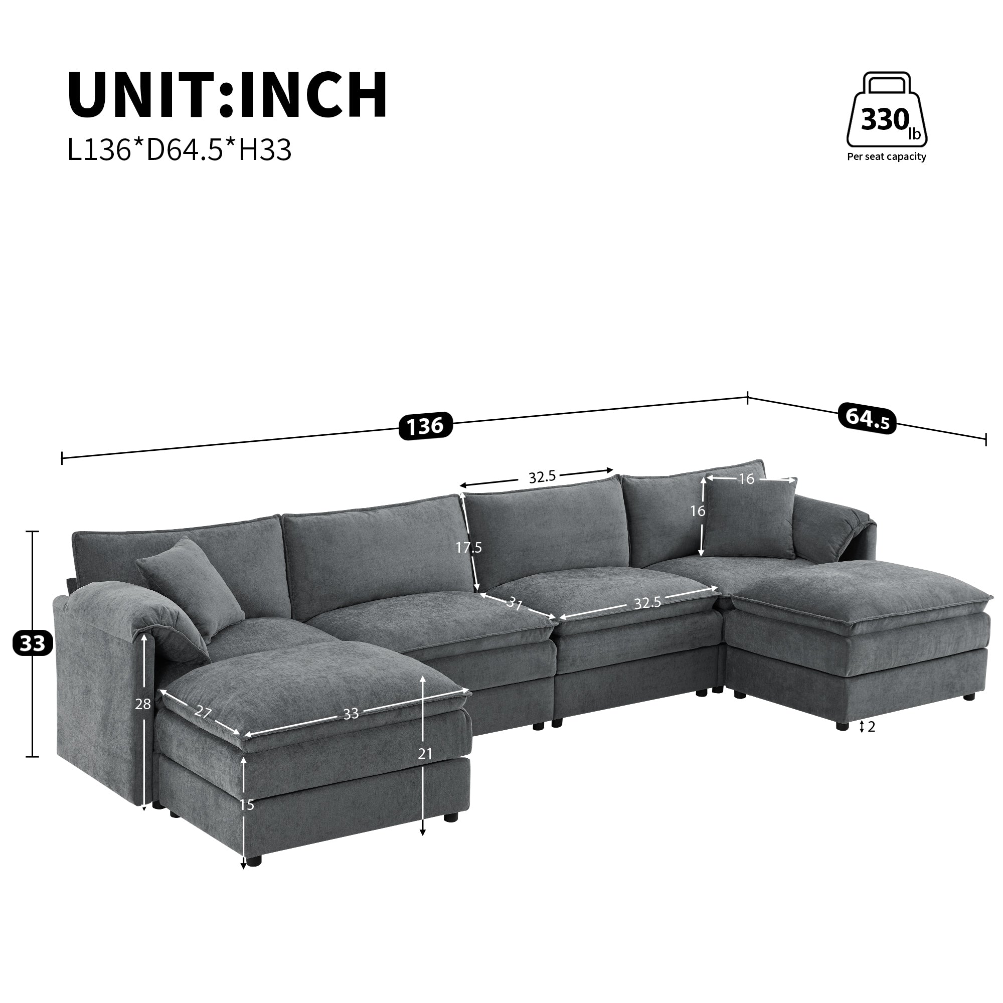 [VIDEO] 136' Chenille Modular Sectional Sofa with Deep and Wide Seat,U Shaped Cloud Couch Set with Double Cushions,6 Seat Sofa with Movable Ottomans,Oversized Indoor Furniture for Living Room,3 Colors