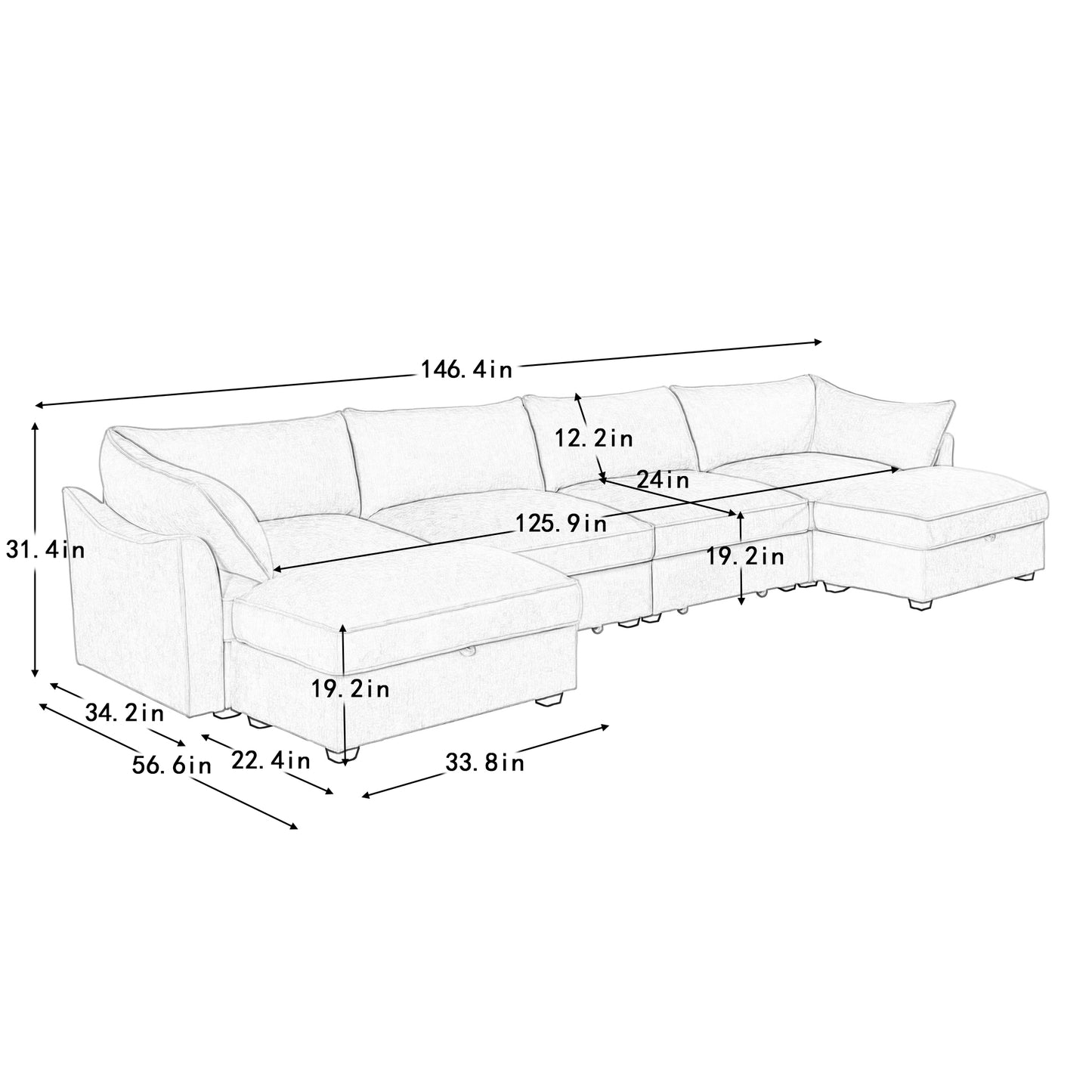 U Shape 4 Seater Deep Seat Sofa Couch with Ottomans,4-Seat Sofa with with 2 Movable Ottomans,, Oversized Modular Sectional Sofa with 6 Seats and Storage Pull out Drawer Under Each Seat,Chenille Wheat