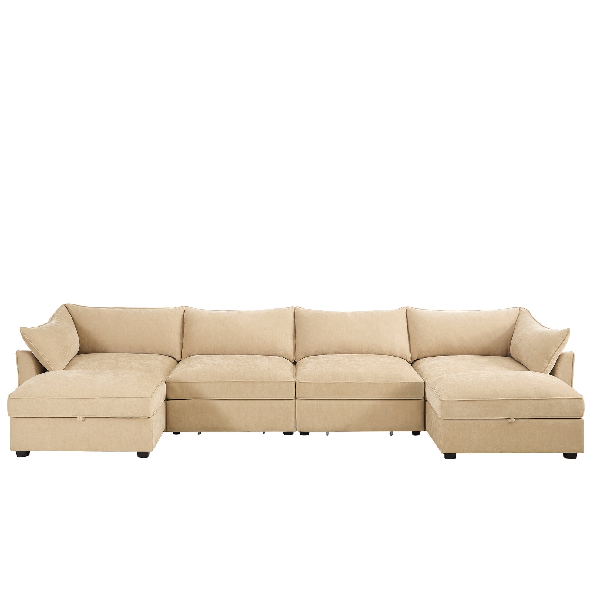 U Shape 4 Seater Deep Seat Sofa Couch with Ottomans,4-Seat Sofa with with 2 Movable Ottomans,, Oversized Modular Sectional Sofa with 6 Seats and Storage Pull out Drawer Under Each Seat,Chenille Wheat