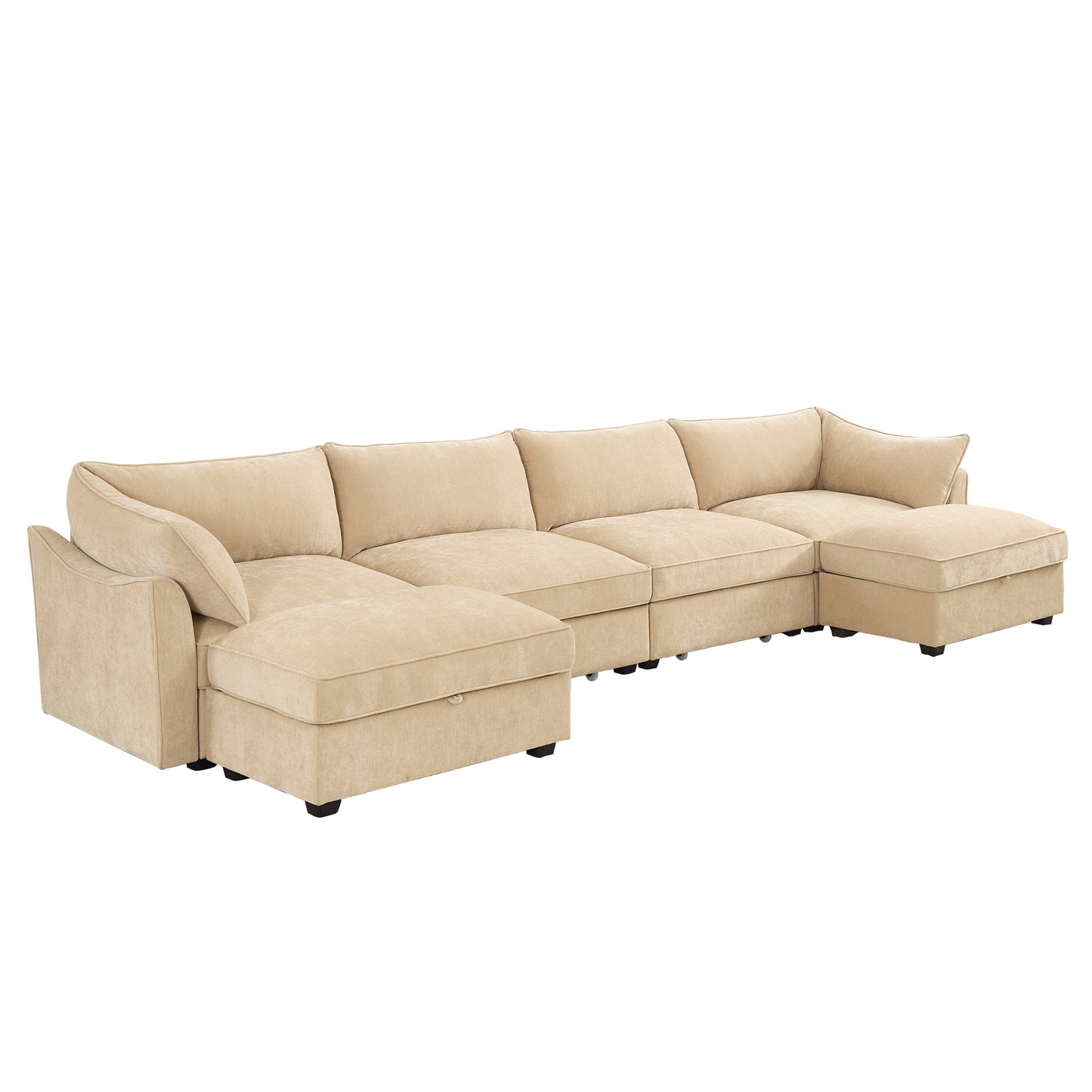 U Shape 4 Seater Deep Seat Sofa Couch with Ottomans,4-Seat Sofa with with 2 Movable Ottomans,, Oversized Modular Sectional Sofa with 6 Seats and Storage Pull out Drawer Under Each Seat,Chenille Wheat