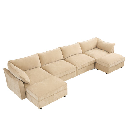 U Shape 4 Seater Deep Seat Sofa Couch with Ottomans,4-Seat Sofa with with 2 Movable Ottomans,, Oversized Modular Sectional Sofa with 6 Seats and Storage Pull out Drawer Under Each Seat,Chenille Wheat
