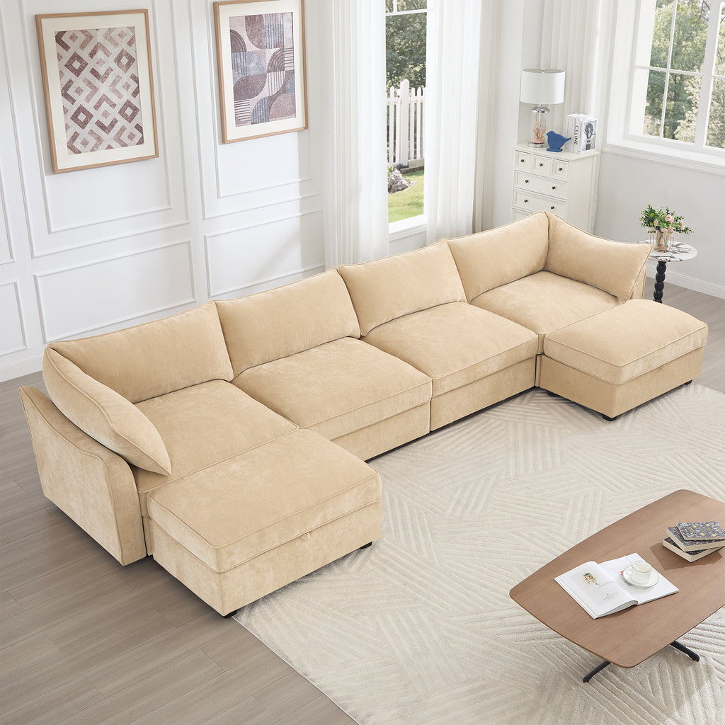 U Shape 4 Seater Deep Seat Sofa Couch with Ottomans,4-Seat Sofa with with 2 Movable Ottomans,, Oversized Modular Sectional Sofa with 6 Seats and Storage Pull out Drawer Under Each Seat,Chenille Wheat