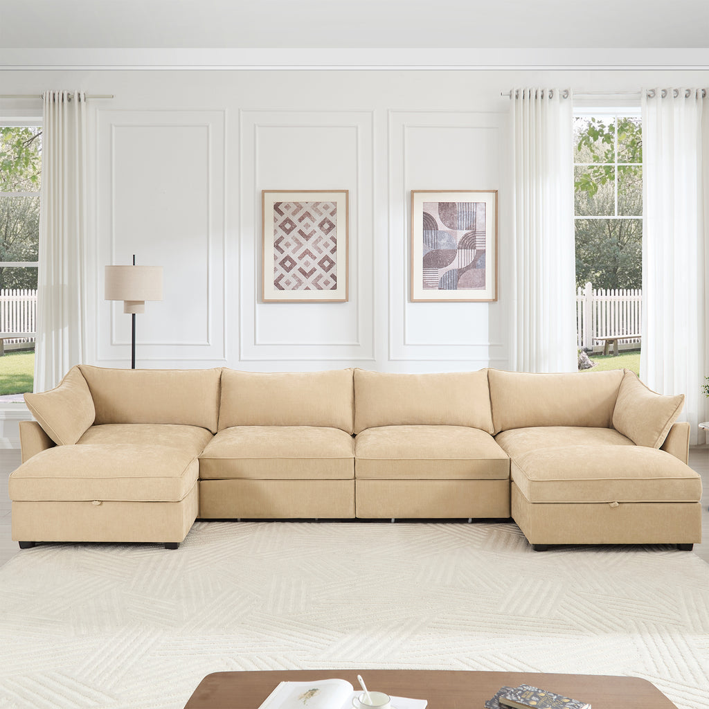 U Shape 4 Seater Deep Seat Sofa Couch with Ottomans,4-Seat Sofa with with 2 Movable Ottomans,, Oversized Modular Sectional Sofa with 6 Seats and Storage Pull out Drawer Under Each Seat,Chenille Wheat