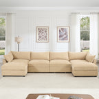 U Shape 4 Seater Deep Seat Sofa Couch with Ottomans,4-Seat Sofa with with 2 Movable Ottomans,, Oversized Modular Sectional Sofa with 6 Seats and Storage Pull out Drawer Under Each Seat,Chenille Wheat