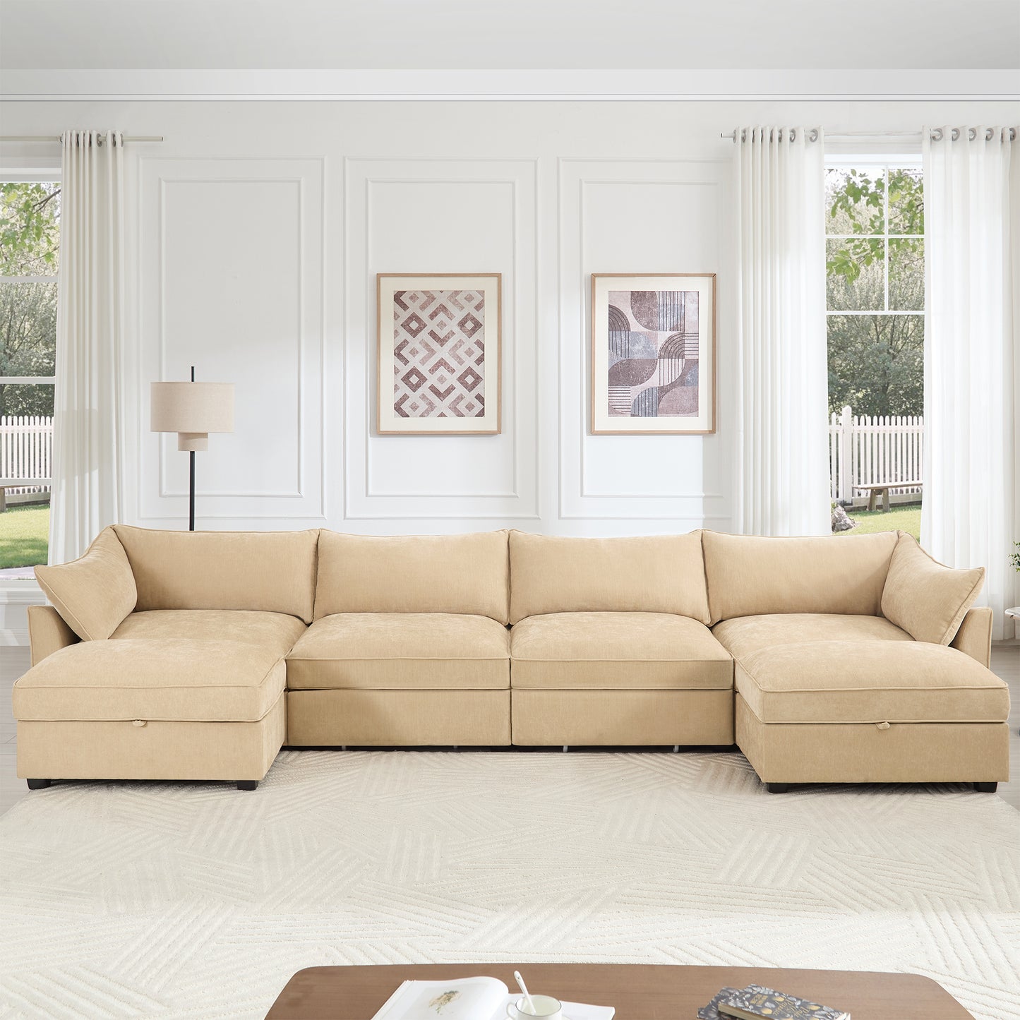 U Shape 4 Seater Deep Seat Sofa Couch with Ottomans,4-Seat Sofa with with 2 Movable Ottomans,, Oversized Modular Sectional Sofa with 6 Seats and Storage Pull out Drawer Under Each Seat,Chenille Wheat