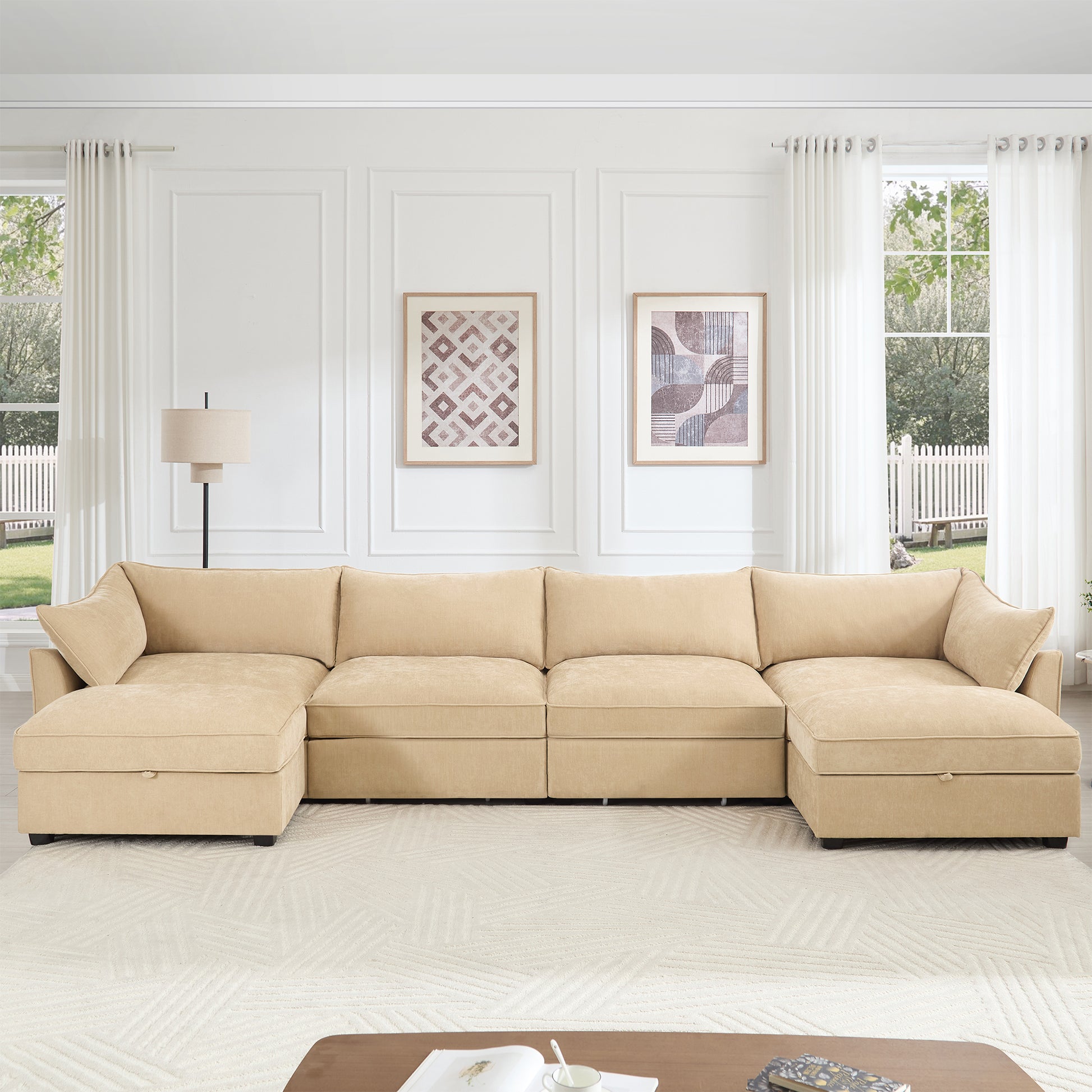 U Shape 4 Seater Deep Seat Sofa Couch with Ottomans,4-Seat Sofa with with 2 Movable Ottomans,, Oversized Modular Sectional Sofa with 6 Seats and Storage Pull out Drawer Under Each Seat,Chenille Wheat