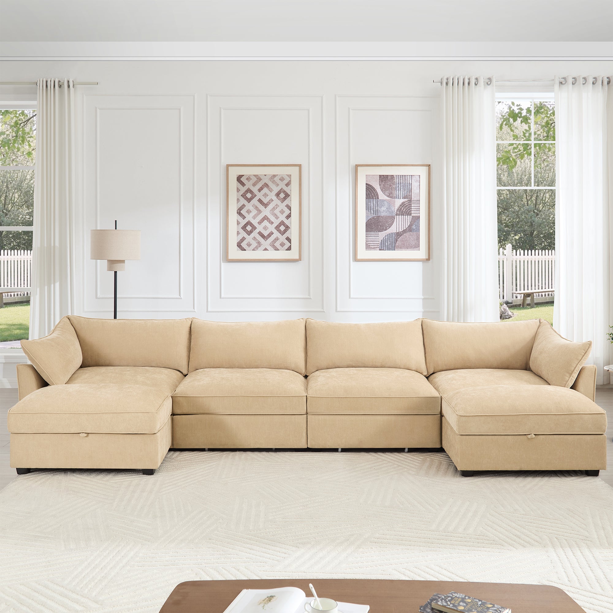 U Shape 4 Seater Deep Seat Sofa Couch with Ottomans,4-Seat Sofa with with 2 Movable Ottomans,, Oversized Modular Sectional Sofa with 6 Seats and Storage Pull out Drawer Under Each Seat,Chenille Wheat