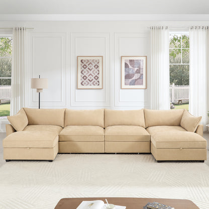 U Shape 4 Seater Deep Seat Sofa Couch with Ottomans,4-Seat Sofa with with 2 Movable Ottomans,, Oversized Modular Sectional Sofa with 6 Seats and Storage Pull out Drawer Under Each Seat,Chenille Wheat