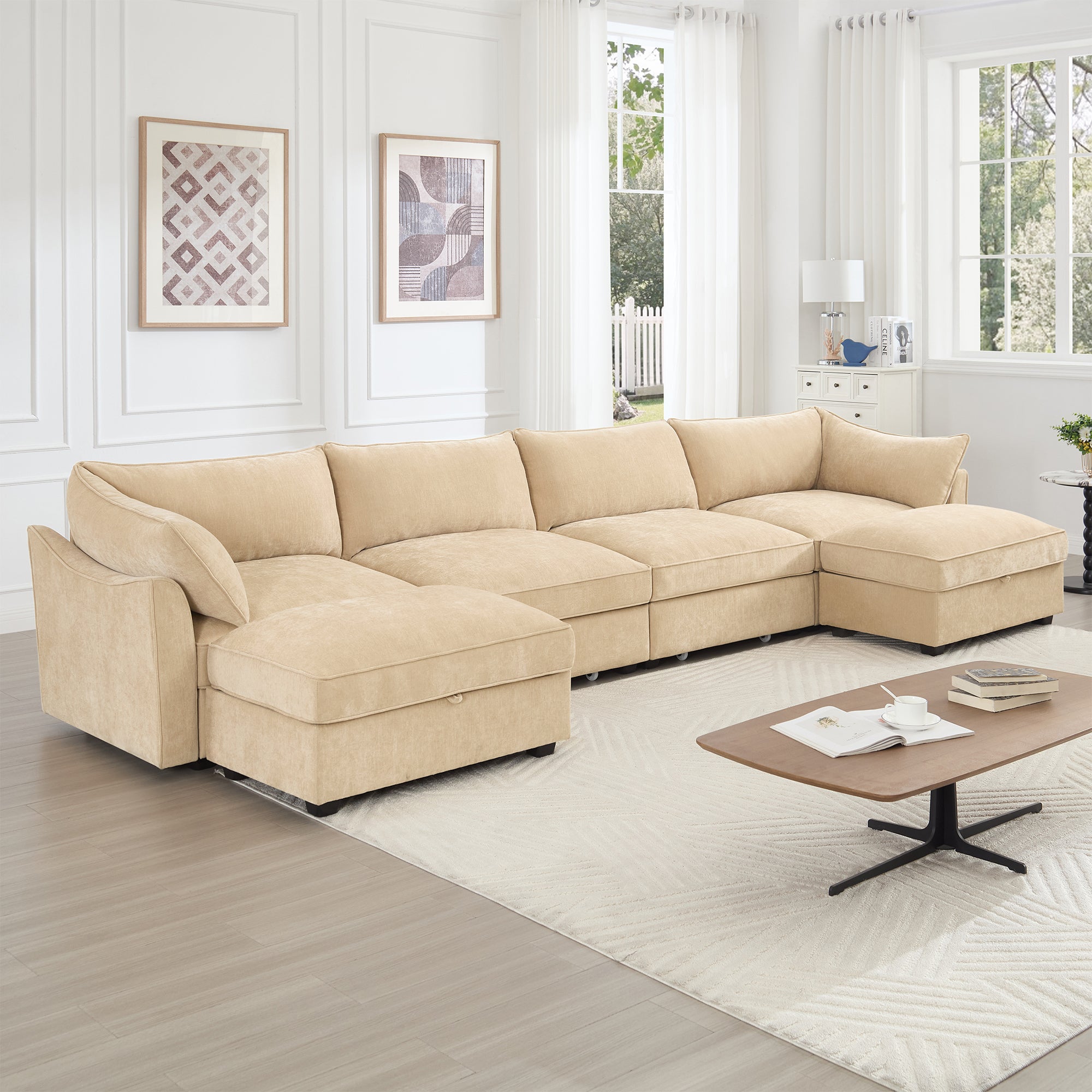 U Shape 4 Seater Deep Seat Sofa Couch with Ottomans,4-Seat Sofa with with 2 Movable Ottomans,, Oversized Modular Sectional Sofa with 6 Seats and Storage Pull out Drawer Under Each Seat,Chenille Wheat