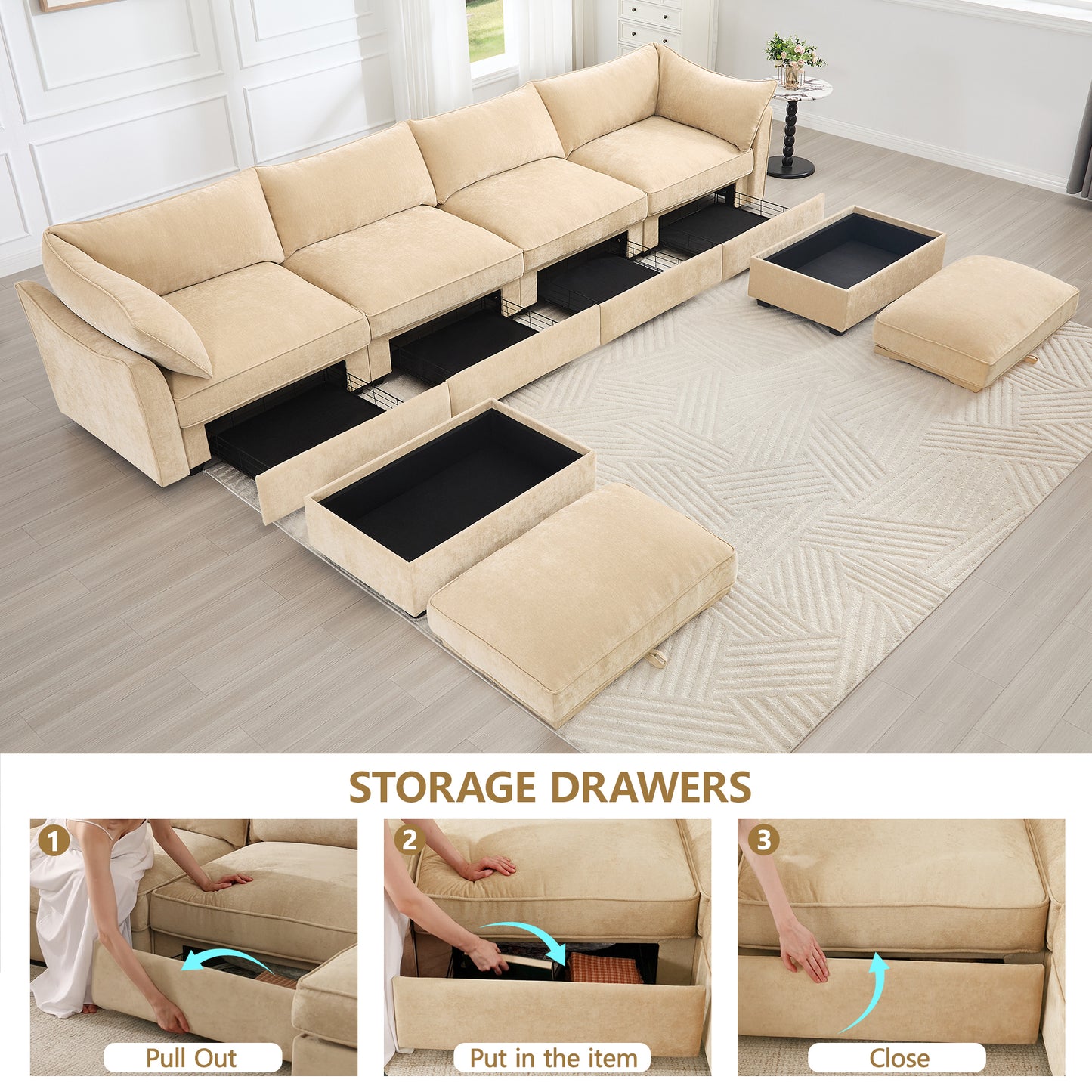 U Shape 4 Seater Deep Seat Sofa Couch with Ottomans,4-Seat Sofa with with 2 Movable Ottomans,, Oversized Modular Sectional Sofa with 6 Seats and Storage Pull out Drawer Under Each Seat,Chenille Wheat
