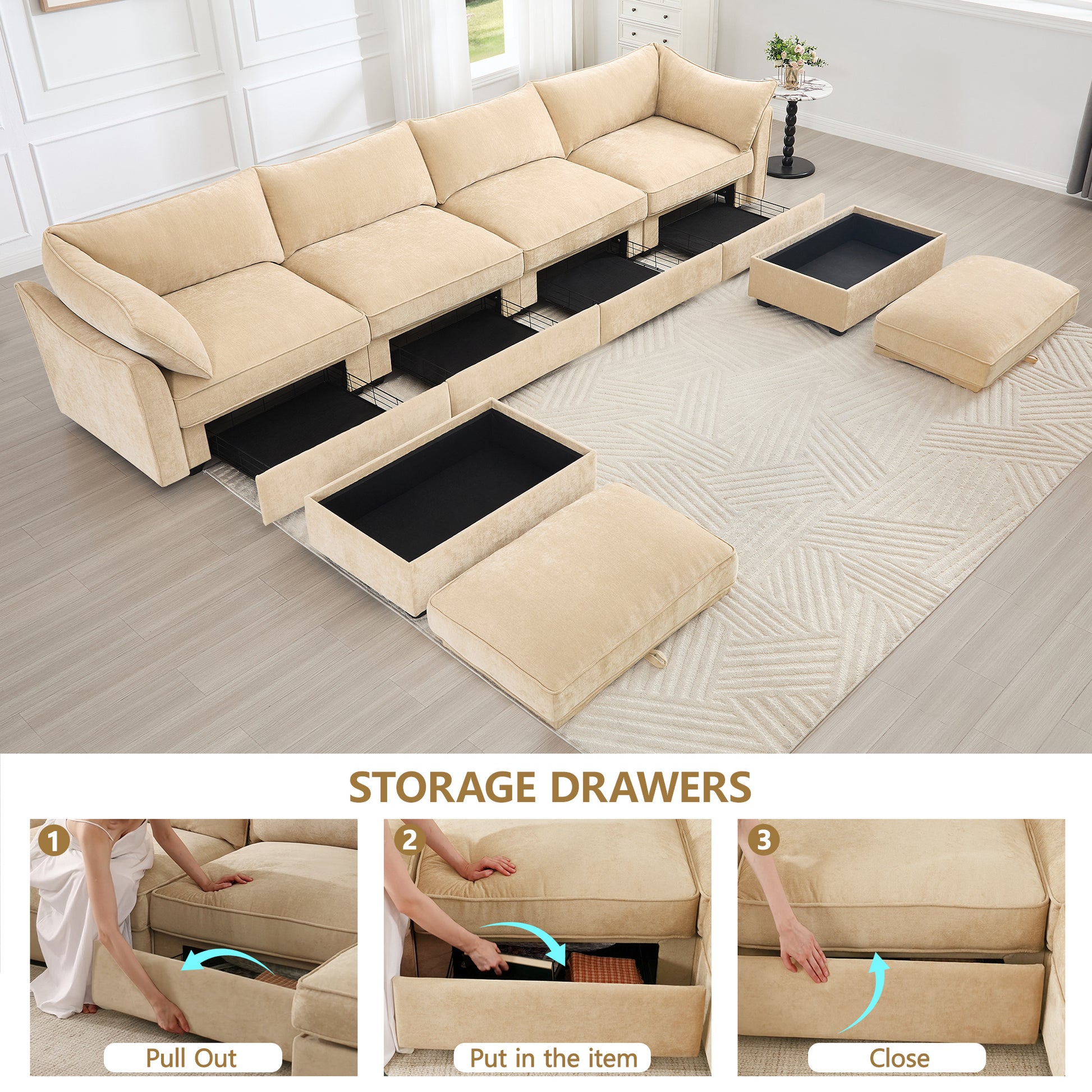 U Shape 4 Seater Deep Seat Sofa Couch with Ottomans,4-Seat Sofa with with 2 Movable Ottomans,, Oversized Modular Sectional Sofa with 6 Seats and Storage Pull out Drawer Under Each Seat,Chenille Wheat