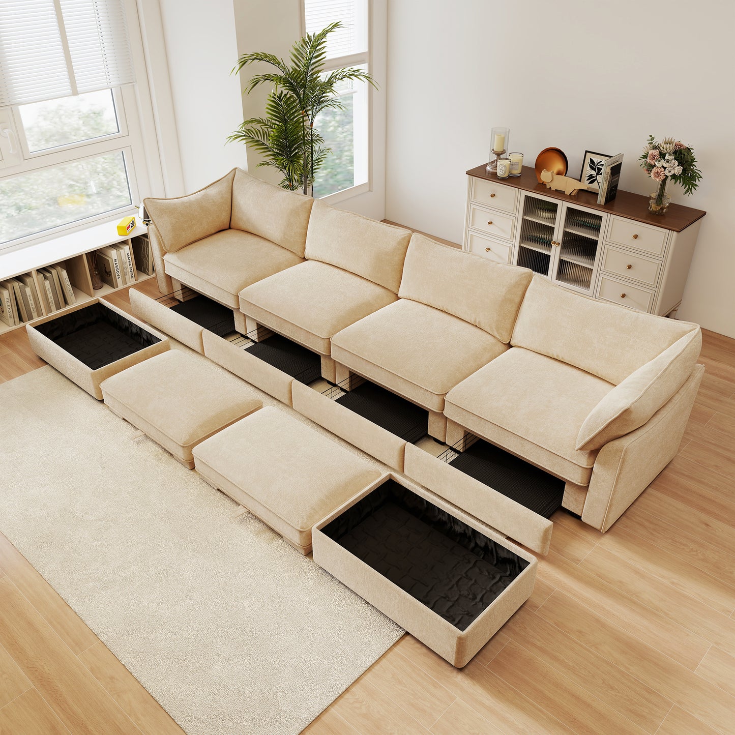 U Shape 4 Seater Deep Seat Sofa Couch with Ottomans,4-Seat Sofa with with 2 Movable Ottomans,, Oversized Modular Sectional Sofa with 6 Seats and Storage Pull out Drawer Under Each Seat,Chenille Wheat