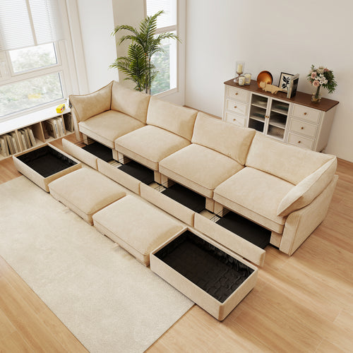 U-Shaped Chenille Sectional Sofa in Wheat with Ottomans.