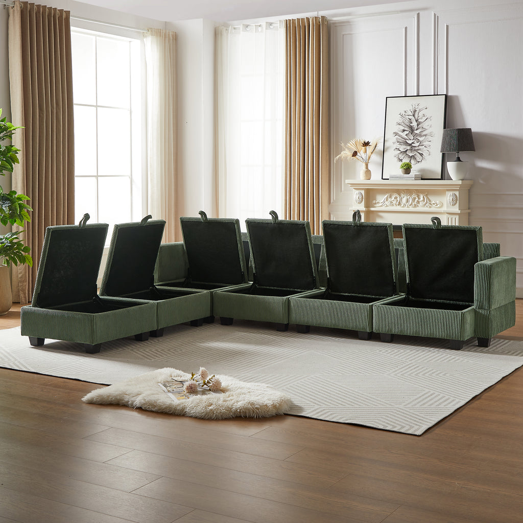 113.5'' Modular Sectiona Corduroy Sofa, Sectional Couches for Living Room U Shaped Sectional Couch with Storage Ottoman, 6 Seats Convertible Sectionals with Chaise