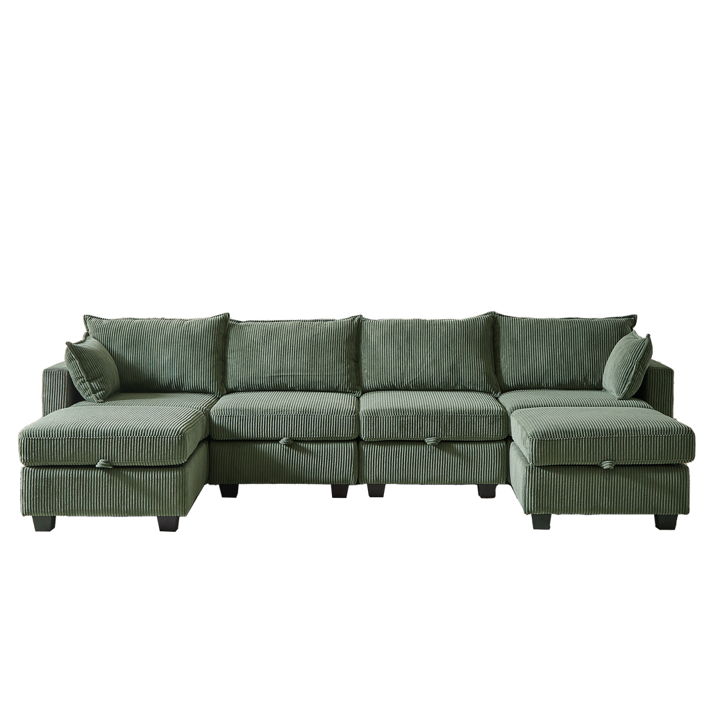 113.5'' Modular Sectiona Corduroy Sofa, Sectional Couches for Living Room U Shaped Sectional Couch with Storage Ottoman, 6 Seats Convertible Sectionals with Chaise